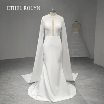 ЕТЕЛ РОЛИН, сатен сватбени рокли на Русалка за жени, 2023, съкратен топ с кръгло деколте и изгорени ръкави и копчета, сватбената рокля Vestidos De Новия