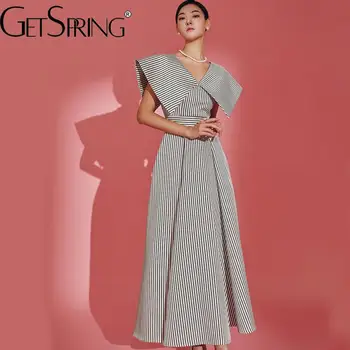 Женствена рокля GetSpring 2023, лятно винтажное рокля трапецовидна форма в ивица с V-образно деколте, без ръкави, висока талия, голям подолом, елегантен свободен дълга рокля