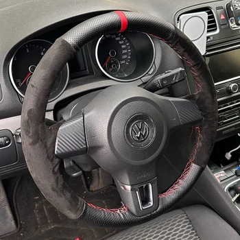 Противоскользящий калъф на волана, устойчива на плъзгане плета на волана от велур и естествена кожа за Volkswagen Golf 6 Mk6 Polo MK5