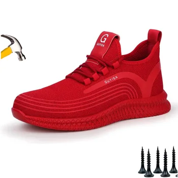 Червена Защитни Обувки, Мъжки Обувки Със Стоманени Пръсти, Дамски Работа и Защитни Обувки, Дишаща Мъжки Дамски Обувки-Големи Размери 36-48