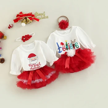 FOCUSNORM/Комплект Коледно облекло от 3 теми за малките момичета 0-18 м, Блузи с дълги ръкави и писмото принтом Дядо Коледа, Мрежести къси панталони от Тюл, Превръзка на главата, Облекло