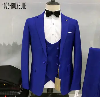 Мъжки костюми на кралския син цвят, комплект от 3 теми, оборудвана официално сако, жилетка, панталон, класически елегантен яке, бизнес и сватбени смокинги за мъжете