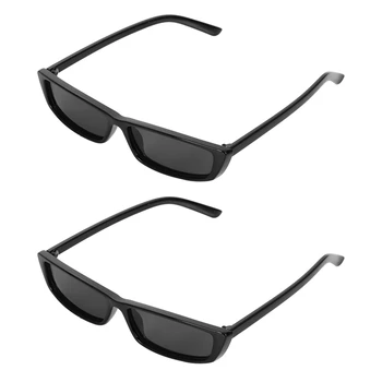 2X Реколта правоъгълни слънчеви очила дамски слънчеви очила в малка рамка ретро очила S17072 Черна дограма Черен
