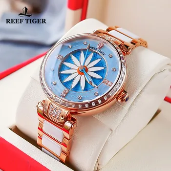 Дамски часовници Reef Тигър/RT Fashion Лили от Розово злато с диаманти, Bezel, Водоустойчиви часовници, керамични каишка, автоматични механични часовници