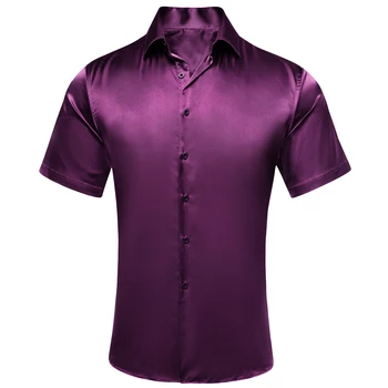 Виолетово-червени мъжки Ризи с къси ръкави, жаккардовый коприна с цветя модел Пейсли, пролетно-лятна риза, блуза за мъже, бизнес сватбена мода