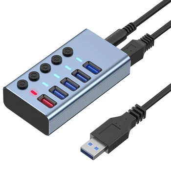 5 пристанища USB3.0, сплитер, удължител за компютър, USB-HUB, порт за бързо зареждане 2.4 A, външен източник на захранване 12-штепсельная вилица ЕС