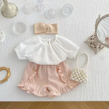 Летен комплект детски дрехи, бяла хубава тениска за новородените момичета с пищни ръкави + розови къси панталони в клетката, комплект дрехи за момичета от 2 теми 