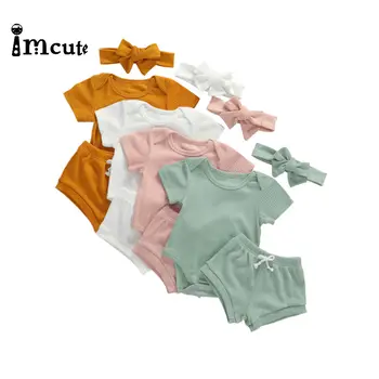 Imcute/2020 Летни дрехи за деца, боди за новородени момичета, Панталони с дантела, превръзка на главата, комплект дрехи от 3 теми, комплект дрехи за деца
