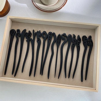 Дървени черни пръчици за коса в китайски стил за жени, ретро Издълбани щипки за коса, щипки, игли за ръчно изработени във формата на пръчици за хранене