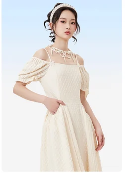 Нова дамски дрехи за пролетта и лятото на 2023, жаккардовое рокля с папийонка и кристали, двупосочен голям джоб, ретро рокля с пищни ръкави 0422