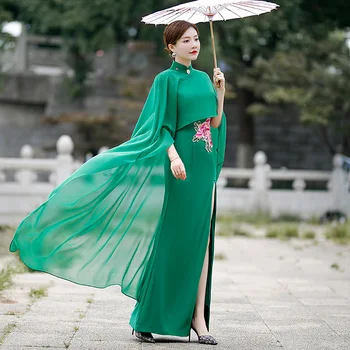 Сатен, комплект от 2 теми, зелен Чонсам, градиентный дъждобран, Костюм Ципао, Дълга секси китайски рокли големи размери, за да се изяви на сцената, Vestidos