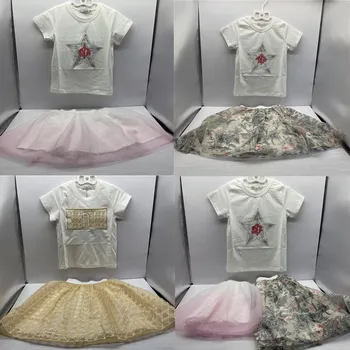 2023 Нов Летен Комплект Дрехи за малки Деца, Бяла тениска, Топ + Пола в триизмерна златен схема за Малки Момичета, Качествен Комплект на Маркови дрехи за Тийнейджъри D