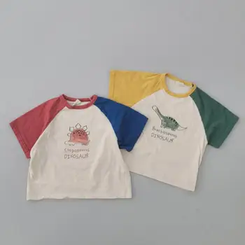 Готина тениска в стил мозайка за момчета, детски пуловер памук със собствени анимационни герои, майк, детски прости тениски с динозаври от бутик