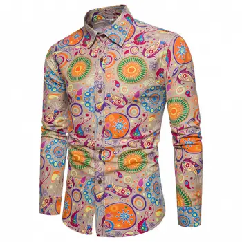 Пролетно-есенни на мъжки ризи от памук и лен с дълъг ръкав и цветна принтом, свободни шик блузи, ризи
