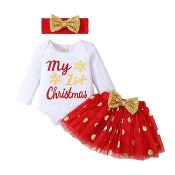 Коледен костюм с пола за момичета, дълъг ръкав, през цялата деколте, Риза с писмото принтом + Сетчатое рокля на полка точки + Превръзка на главата