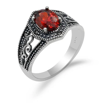 Женски пръстен от сребро 925 проба с червен кубическим цирконием геометрични форми в старинен стил, винтажное тайское сребърен пръстен за женските бижута