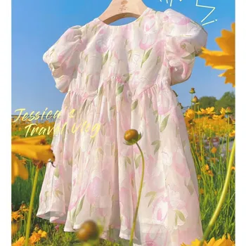 Свежо бебешка рокля с принтом лале за малки момичета, летни дрехи, с пищни ръкави и цветове, модни дрехи трапецовидна форма