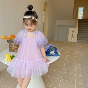 Рокля за момичета 2023, лятна корейската версия, нова рокля за малки момичета, дантелено сетчатое рокля с пайети за момичета, воал с дължина до коляното, всекидневното
