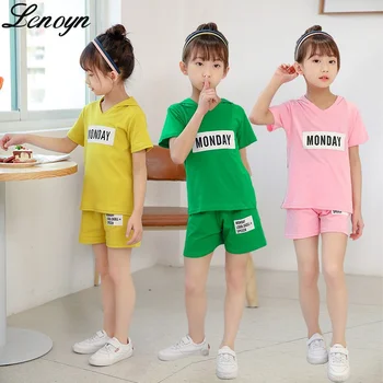 Детски памук комплект Lenoyn с къс ръкав, лятна детска тениска за мъже и жени с V-образно деколте