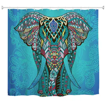 Завеса за душ Goodbath Elephant, индийската артистична бохо Водоустойчив полиестерен плат, Пердета за баня в синьо