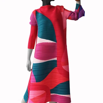 Плиссированное рокля Miyake Есен 2021 Зима висша Мода Геометричен класически принт Свободна Модни Реколта эстетичная Облекло