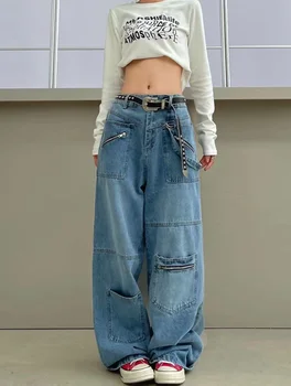 Американски реколта издържат дънки с много джобове, дамски Y2k, улични модни широки панталони Harajuku, ежедневни панталони в стил хип-хоп за горещо момиче