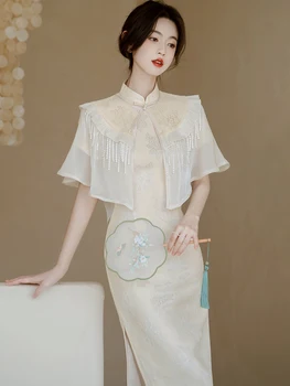 Рокля Ципао с кружевными волани и бродерия в китайски стил, реколта сватбени елегантни рокли за партита + шал с пискюли