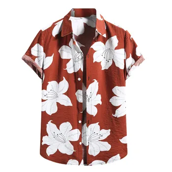 Лятна риза с къс ръкав, мъжки хавайска риза с ревера, мек цветен принт, свободна риза Aloha копчета, уличен топ