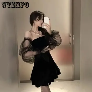 WTEMPO, новост 2023, черно ретро рокля, секси дантелено шифоновое мини рокля на жената е открито сексуално корейското модно Рокля, секси рокля клуб