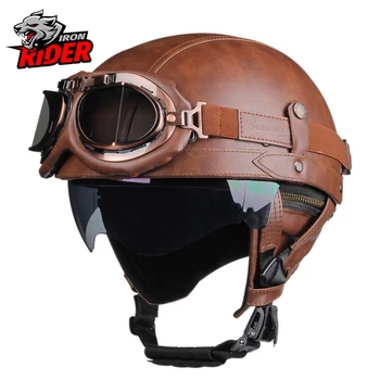 Годишен Мотоциклет шлем от изкуствена кожа в стил ретро мотоциклет шлем, каски за мотокрос с за мъже и жени Casco DOT