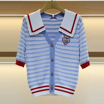 2023 Годишният Стилен вязаный женски жилетка в райе, пуловер с матросским яка, къс ръкав, однобортный женски трико