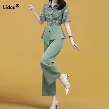 Дамски годишна ежедневна блуза с принтом 2023, комплект от две части, Елегантен модерен Широки панталони, Комплекти дамско облекло