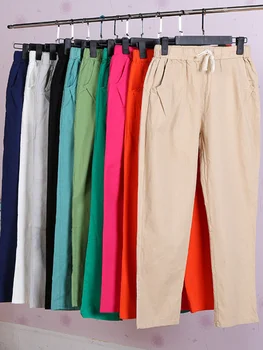 2023 Дамски панталони Пролет лято зреещи от памук и лен с еластичен ластик на талията зреещи Меки високо качество за жени Ladys