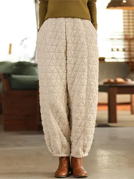 Johnature Ватирани сгъстено женски зреещи, свободни еластични памучни ватирани панталони, новост зимата 2023, обикновена ежедневни панталони
