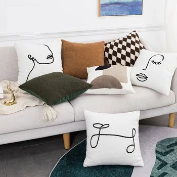 Възглавница с бродерия абстрактно лице в скандинавски стил, диван за хол, бяла възглавница 45x45 см, калъфка за ръчна работа с дрямка за домашен декор