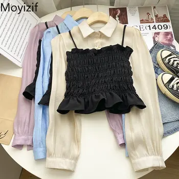 Moyizif Фалшиви ризи от две части с ревери в стил Мозайка, плисе сладки блузи с дълъг ръкав, реколта корейската мода, елегантна риза, Дамски Блузи