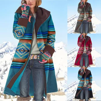 2023 Есенно-зимния ново дамско палто, вълнена със средна дължина, с принтом и дълъг ръкав