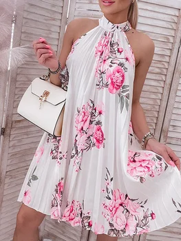 Ежедневното плиссированное рокля с флорални принтом на бретелях, женски лятото мини-рокля без ръкави