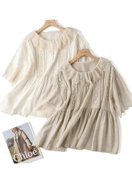 Lamprip, уникално плиссированное дантела, мозайка шиене, сладки къдри, половината ръкави, свободна памучен стоп-моушън риза, однобортная блуза в стил Лолита