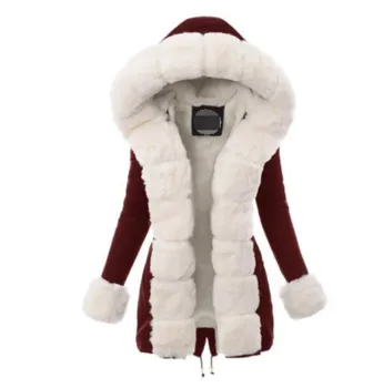Памучен яке, зимно дамско топло яке, палто с качулка, памучен яке с вълнена яка