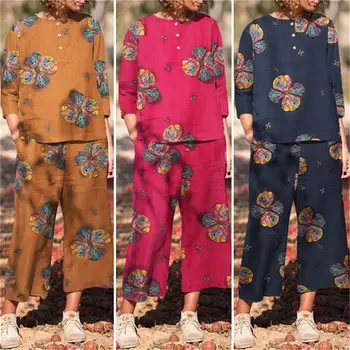 Комплект от 2 теми, летен топ и панталон, костюм, пуловер със свободните бутони, ръкав три четвърти, художествена блуза с флорални принтом, широки панталони, комплект