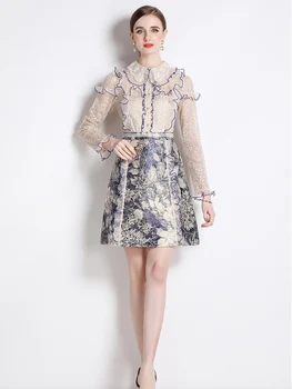 Дизайнерско мозайка дантелено жаккардовое рокля за подиум, женски пролетта елегантна сладка рокля с дълъг ръкав и винтажными накъдрен