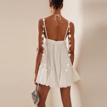 Лятото секси мини рокля с завязками, дамско модно плиссированное рокля с цветя модел, ежедневното свободно плажна къса рокля