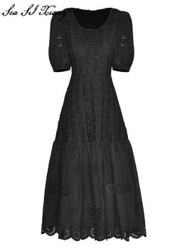 Seasixiang Модно дизайнерско пролетно-лятно женствена рокля с кръгло деколте и пищни ръкави, с отворена бродерия, реколта вечерни рокли midi