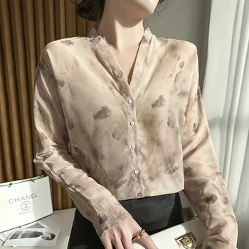 Женска тениска с V-образно деколте с чернильным принтом, пролетно-есенна дизайнерска блуза, сатен, жилетка, ежедневни модни тънки стилни и уникални върховете