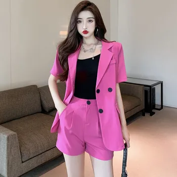 Корейски летните модни панталони, женски дрешки 2023, Елегантно сако с къс ръкав, сака и Къси Панталони с висока талия, всекидневни комплект от две части