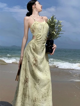Лятното ново елегантна рокля Midi на спагети презрамки, женски винтажное цельнокроеное модно секси плажна рокля за парти, Vestidos, Дамски Дрехи