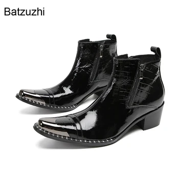 Batzuzhi/ Мъжки къси ботуши от черна кожа на висок ток 6 см с двоен цип, модерен бизнес, вечерни, сватбени мъжки обувки, US6 - US12