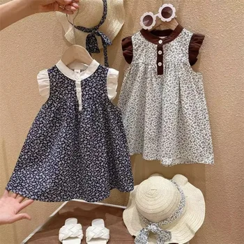 Рокля с цветен модел за момичета + шапка от слънцето, лятото 2023, модерно плажна принцеса рокля без ръкави в корейски стил за малки момичета, детски дрехи за деца