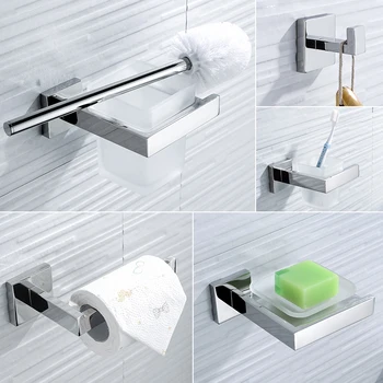 Баня, 5 елементи от неръждаема стомана, огледално полироль, квадратен държач за хартия, държач за тоалетна четка, кука за роба, държач за тоалетна четка, държач за сапун